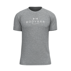 BODYBAR Pilates - TKM046 - M SS Raglan Crew Tee - Coverstitch - Element R - Medium Heather Grey