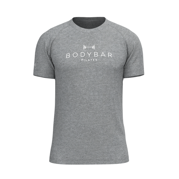 BODYBAR Pilates - TKM046 - M SS Raglan Crew Tee - Coverstitch - Element R - Medium Heather Grey