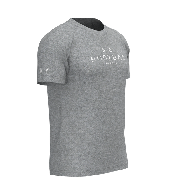 BODYBAR Pilates - TKM046 - M SS Raglan Crew Tee - Coverstitch - Element R - Medium Heather Grey